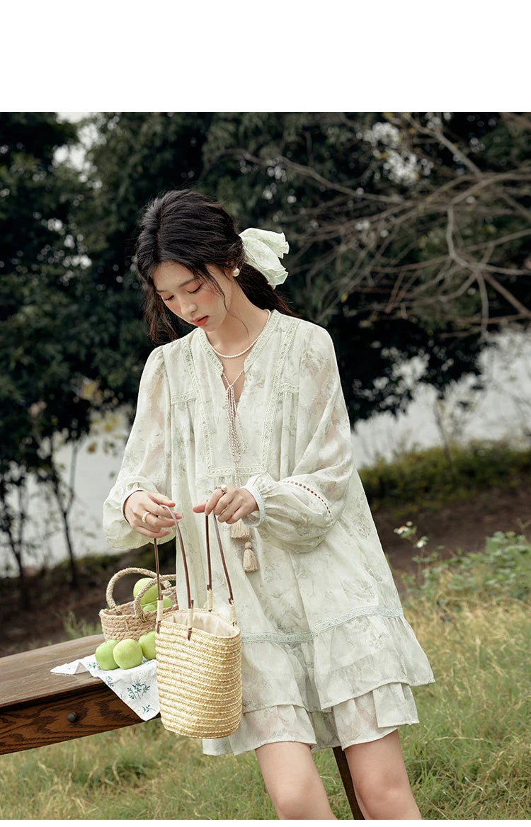 MISHOW Floral V-neck Drawn Tassels Dresses 2025 Spring Summer Hollow Out Lantern Sleeve Dresses Vacation Doll Dress MXE15L2121