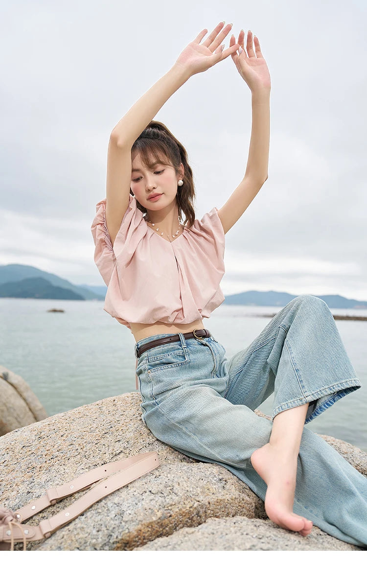 MISHOW Soft Blouses for Women 2025 Summer French Rear Collar Tie Up Solid Short Sleeve Solid V Neck Puff Sleeve Tops MXC38X1275