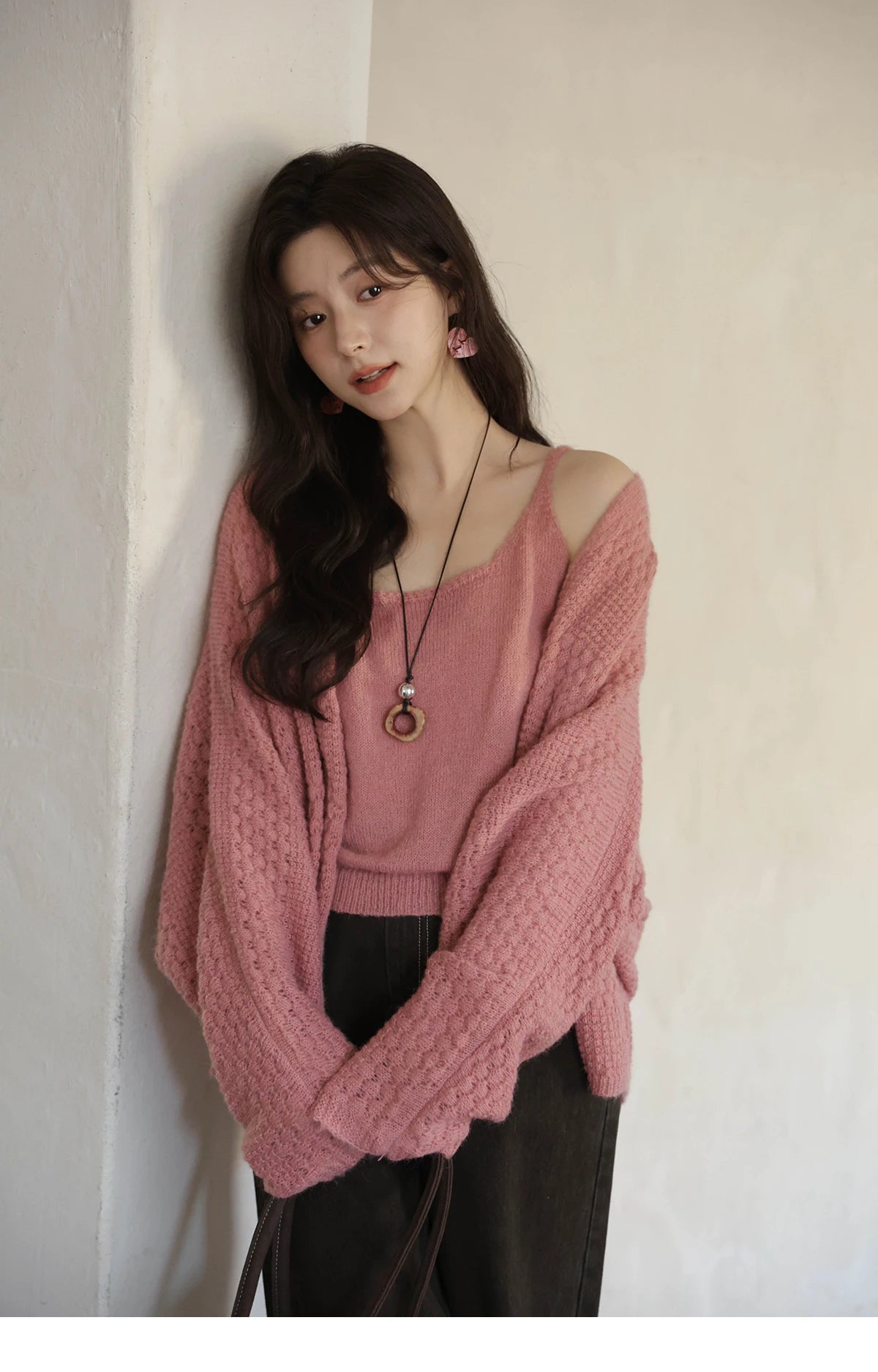 MISHOW Women's Pink Knit Two-Piece Set 2025 Autumn Sweet Long Sleeves Cardigan with Vest Casual Women's Clothes Set MXE44T0737