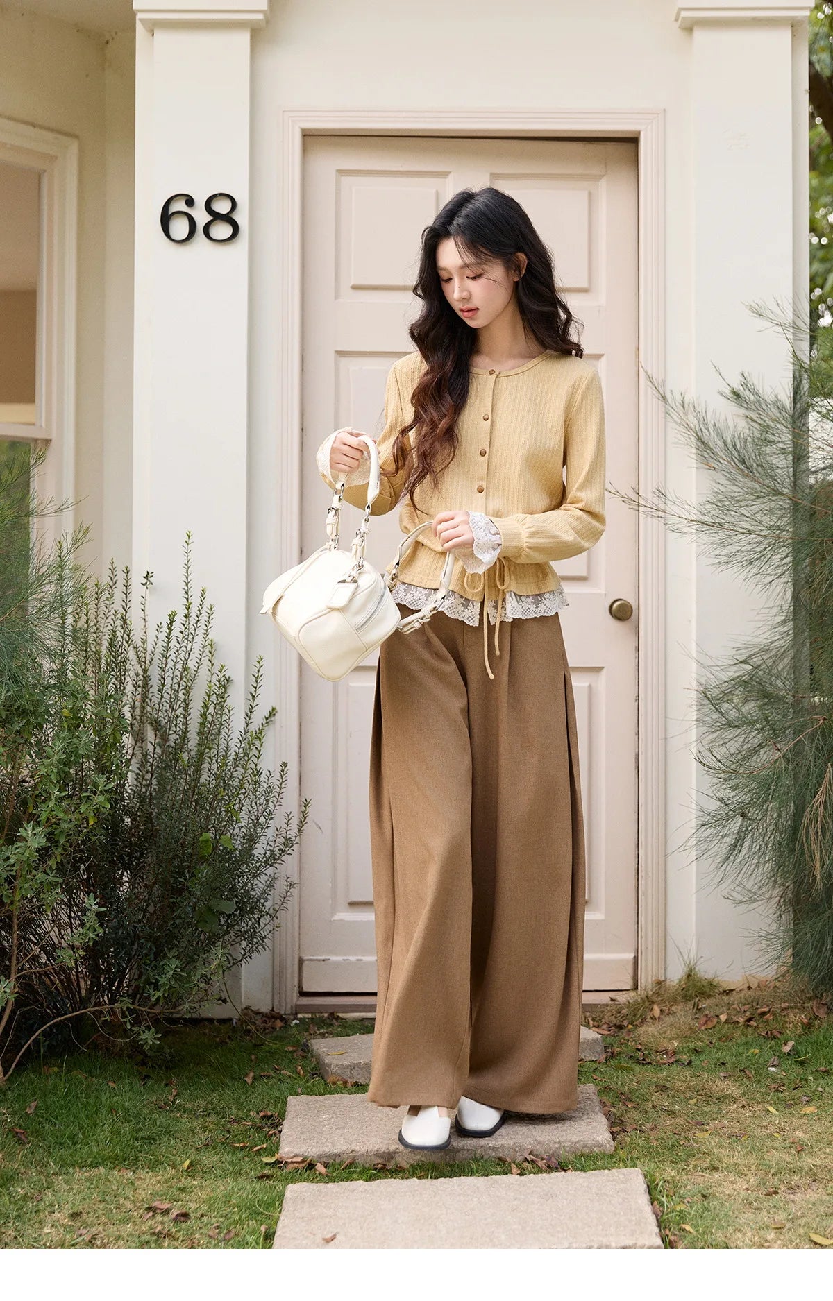 MISHOW Women's Yellow Ribbed Cardigan Spring Lace Trim Drawstring Waist Thin Knitted Sweater Long Sleeve Casual Top MXF11Z2919