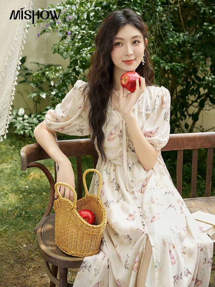 MISHOW Butterfly Printing Dress for Women 2025 Summer Luxury Elegant V-neck Lace-up Bubble Sleeves Slim Long Dress MXD15L1778