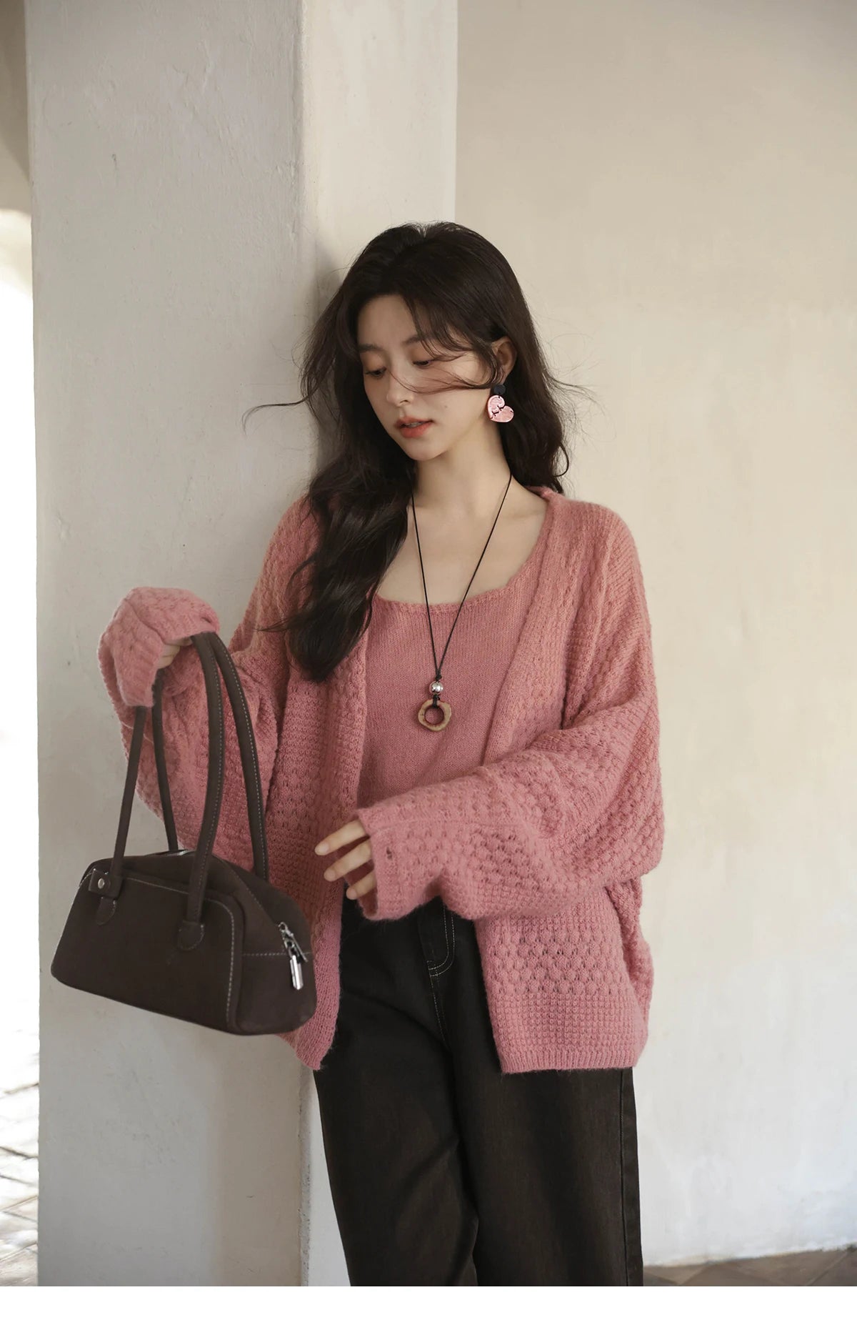 MISHOW Women's Pink Knit Two-Piece Set 2025 Autumn Sweet Long Sleeves Cardigan with Vest Casual Women's Clothes Set MXE44T0737