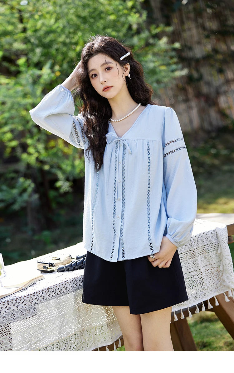 MISHOW French Sweet Loose Blue Shirt for Women 2025 Spring Summer V-neck Lace-up Hollow Doll Shirt Lantern Sleeve Top MXE12C0411