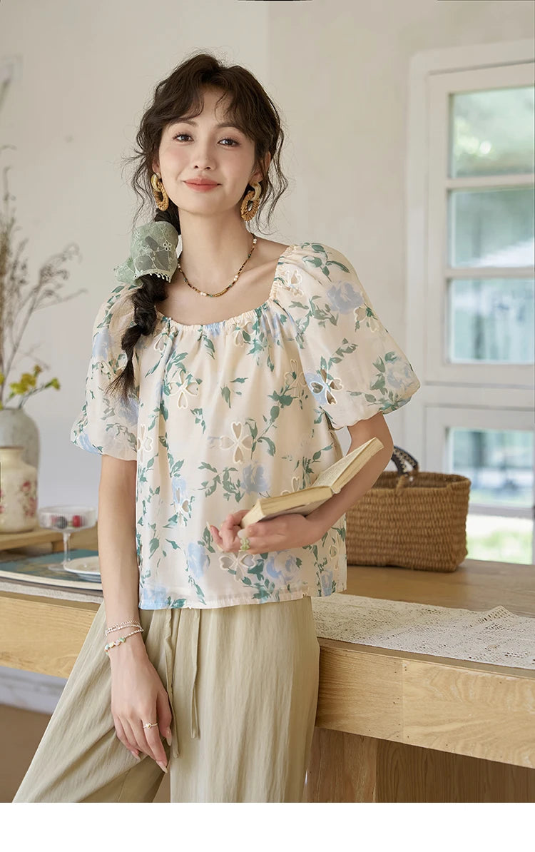 MISHOW Floral Hollow Blouse for Women 2024 Summer Korean Square Collar Elastic Blouses Sweet Puff Sleeve Loose Tops MXD29X1602