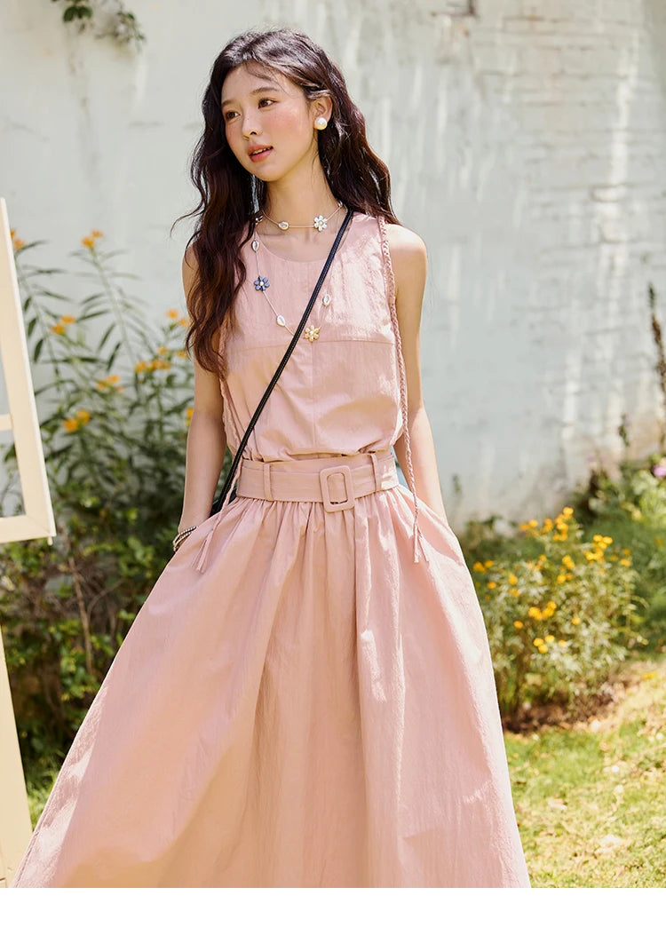 MISHOW Women's Vest Dress 2025 Summer Hand Woven Fried Dough Twists Waist Belt Slim Long Dress A-line Vacation Dress MXE34L2223