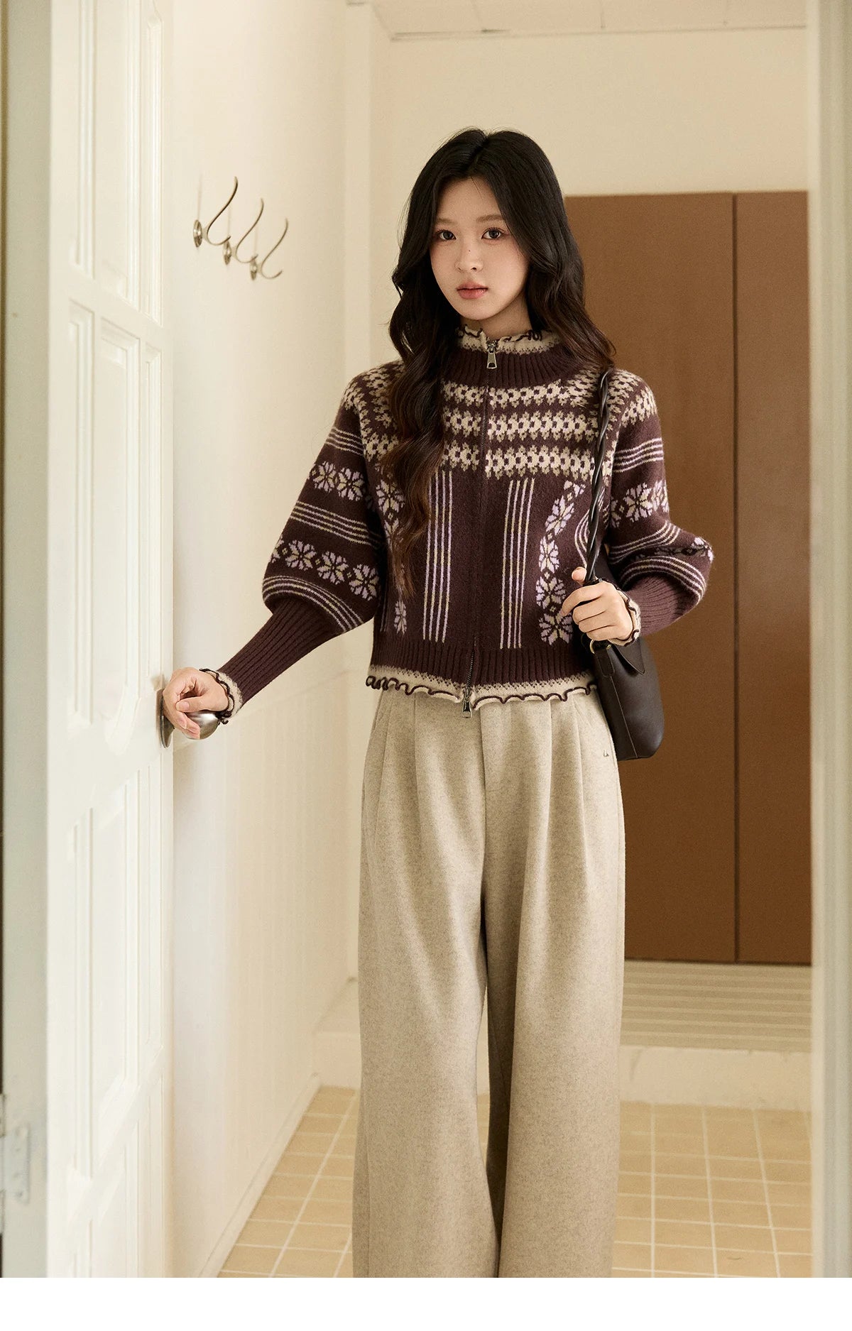 MISHOW Women's Brown Knitted Fair Isle Sweater Vintage Jacquard Lantern Sleeves Zipper Top Ruffled Trim Warm Sweaters MXE91Z2868