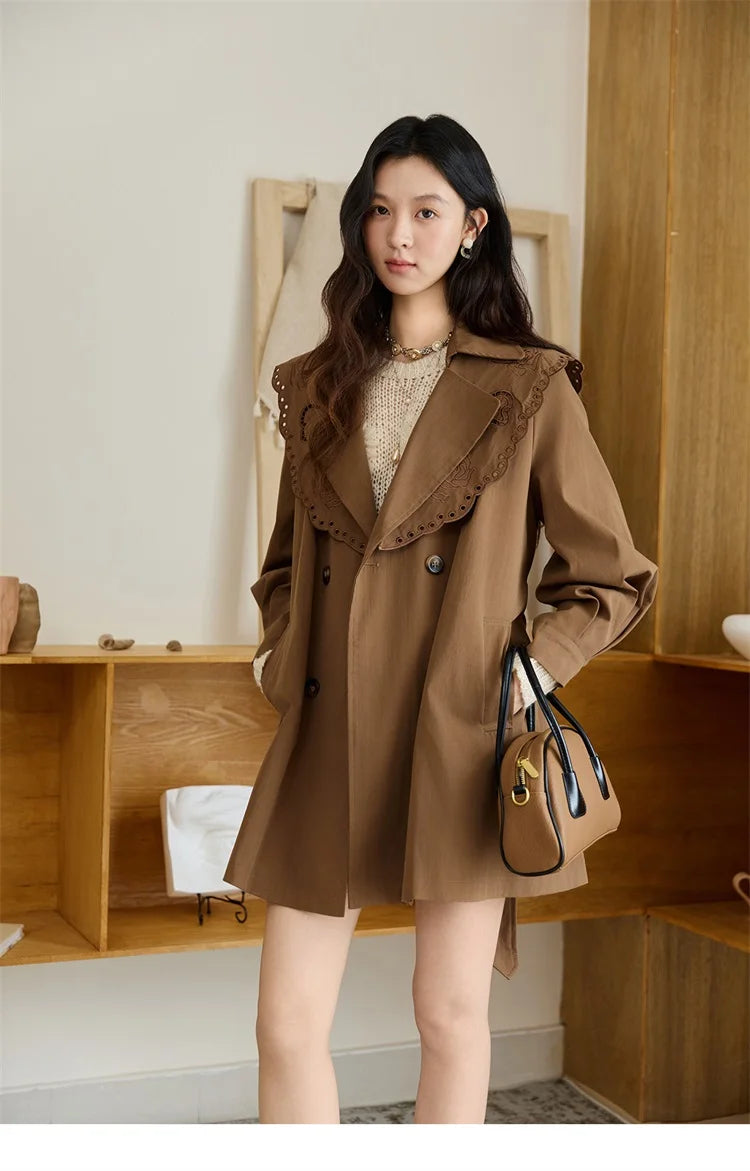 MISHOW Women's Trench Coat 2025 Autumn Hollow Embroidery Mid-length Windbreaker Double-breasted Belt Retro Jacket MXE46W0862