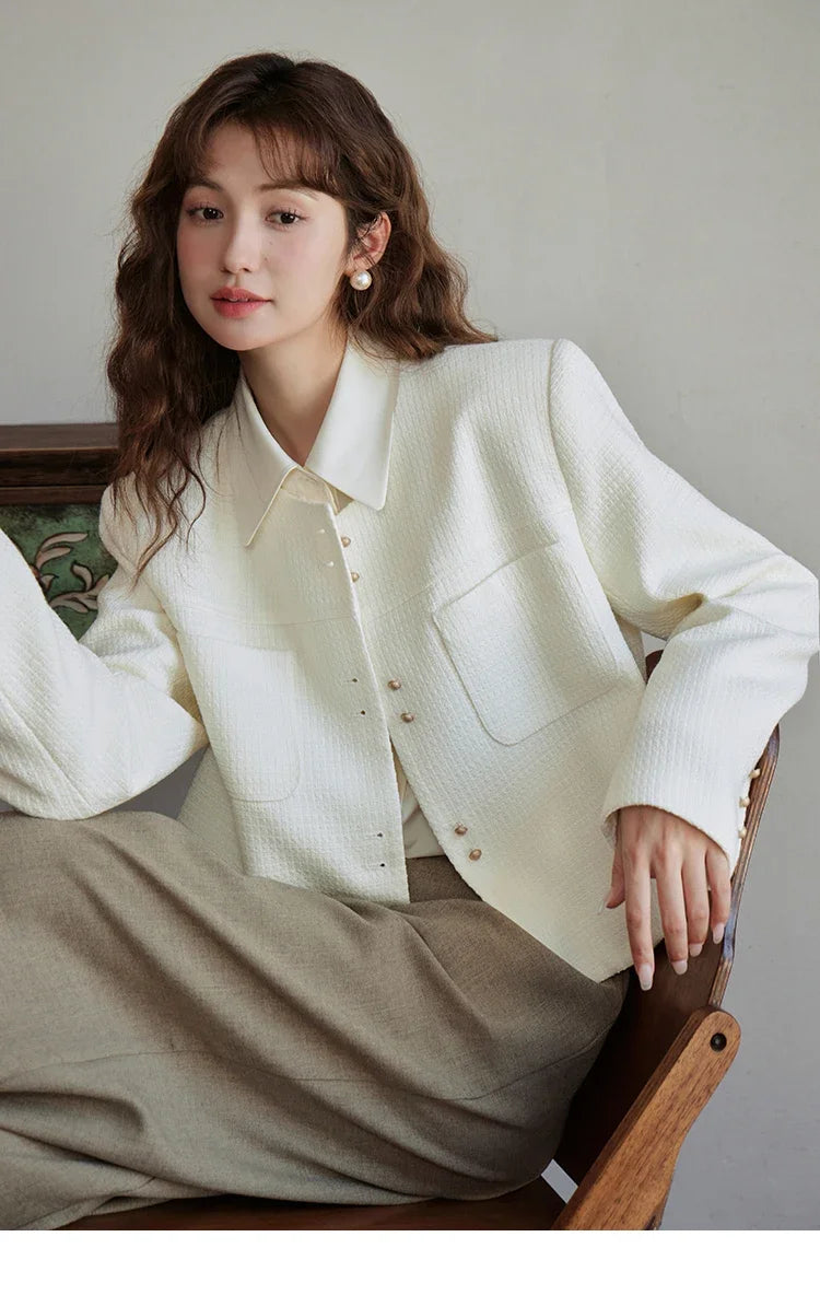 MISHOW Retro Round Neck Coats for Women Spring Autumn Pockets Loose Gold Button Single Breasted Solid Short Jackets MXC44W0072