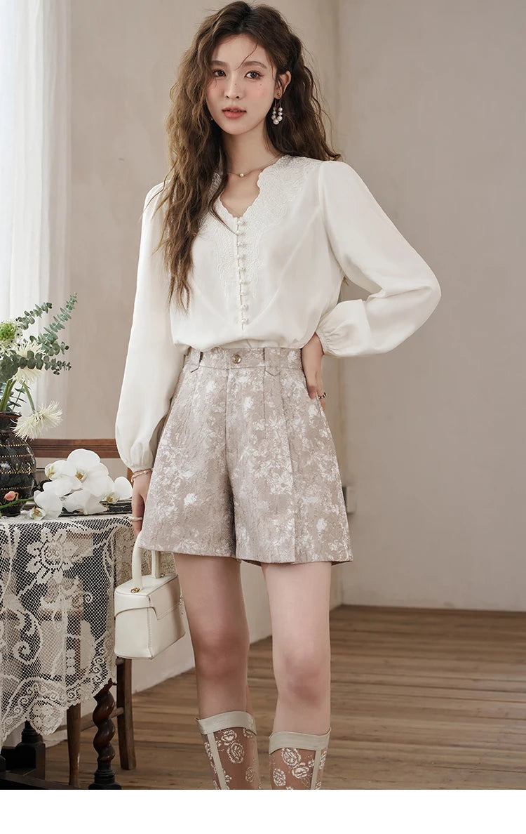 MISHOW High Waist Jacquard Shorts Spring 2024 Palace Style Metal Flower Shaped Buttons Thin Retro A-line Short Pants MXD15K0551