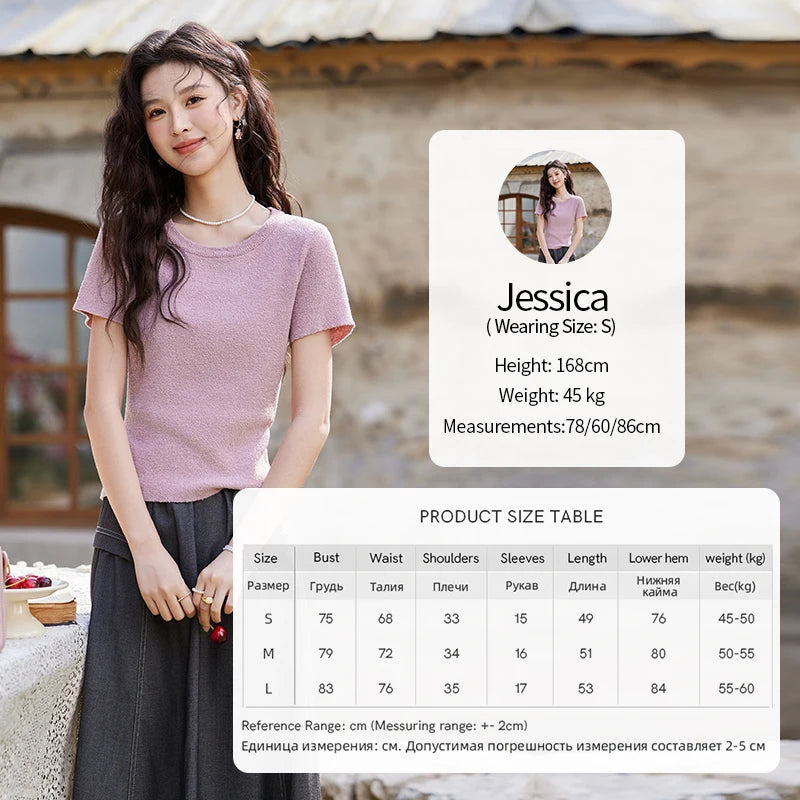 MISHOW Women's Short Sleeved Knitted T-shirt Spring 2025 Korean Minimalist Back Hollowed Out Pearl Buckle Design Tees MXE13Z1072