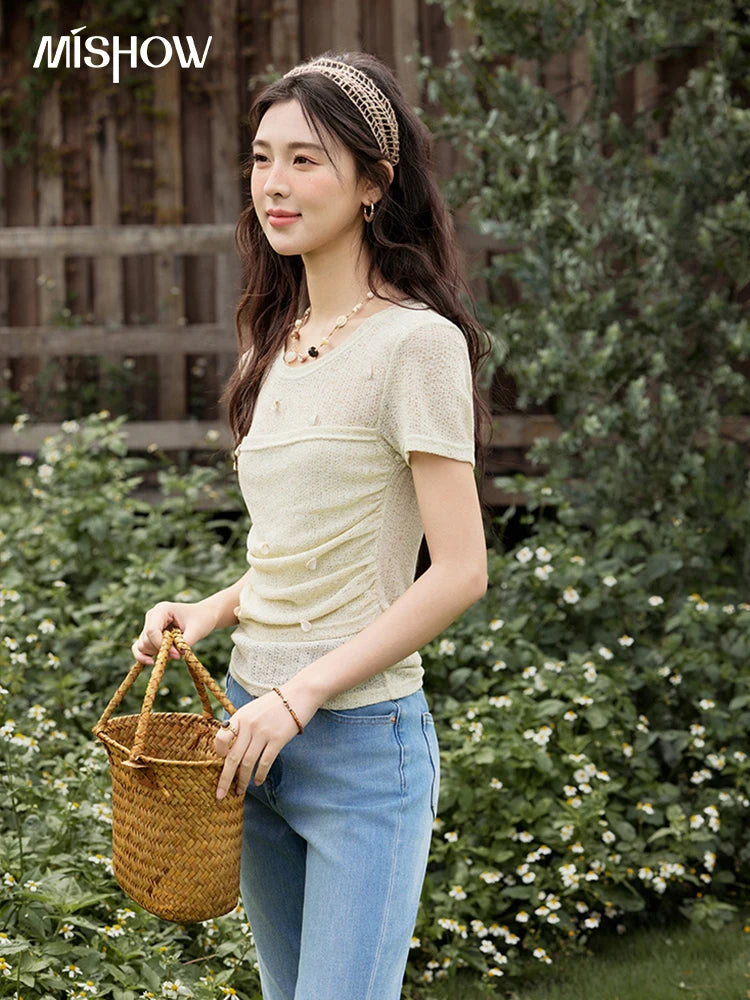 MISHOW Solid Office Lady Summer Shirts for Women 2025 New Short Sleeve Round Neck Knitted T-shirt Female Fashion Slim MXE32Z1232