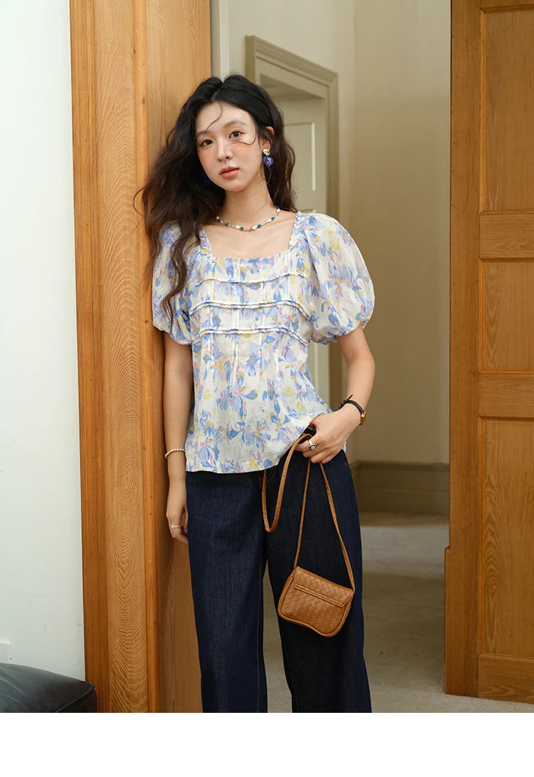 MISHOW Fashion Square Neck Puff Sleeve Blouse for Women 2025 Summer New French Sweet Loose Print Top Ladies Clothing MXE39X1937