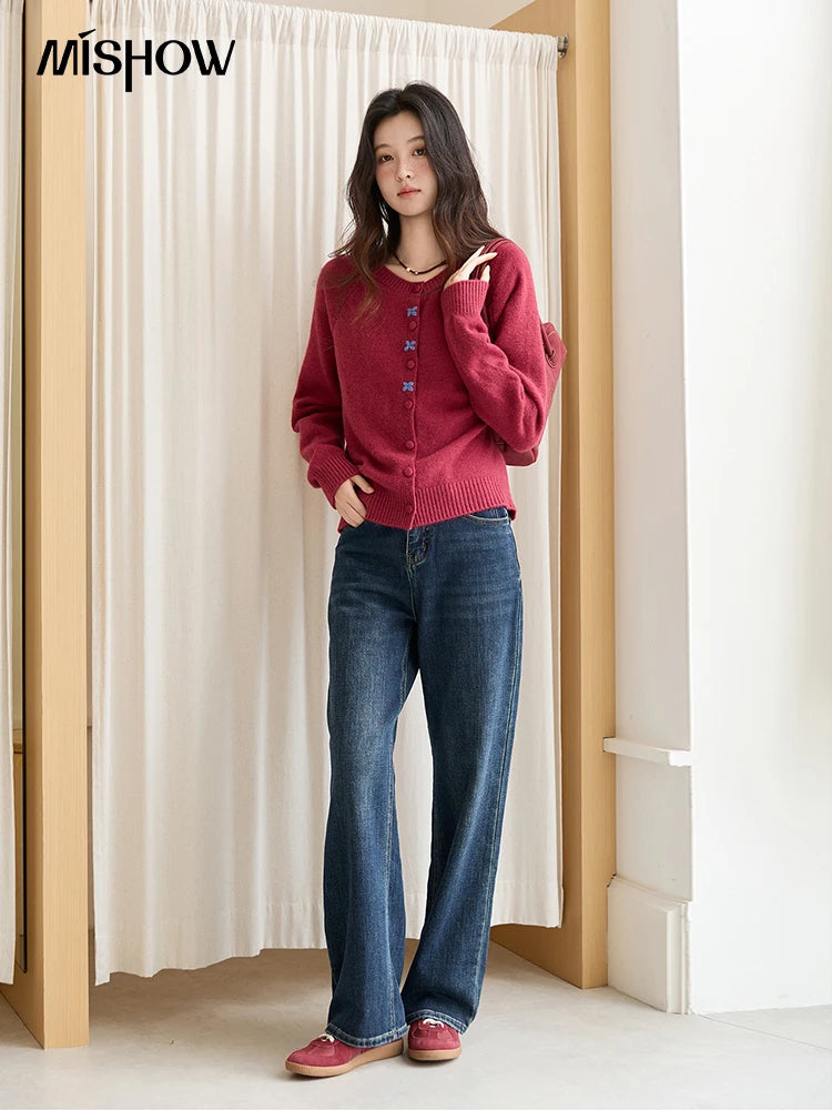 MISHOW Red Knitted Cardigan for Women 2025 Autumn Round Neck Single Breasted Buckle Embroidered Casual Cardigans Lady MXE47Z2621