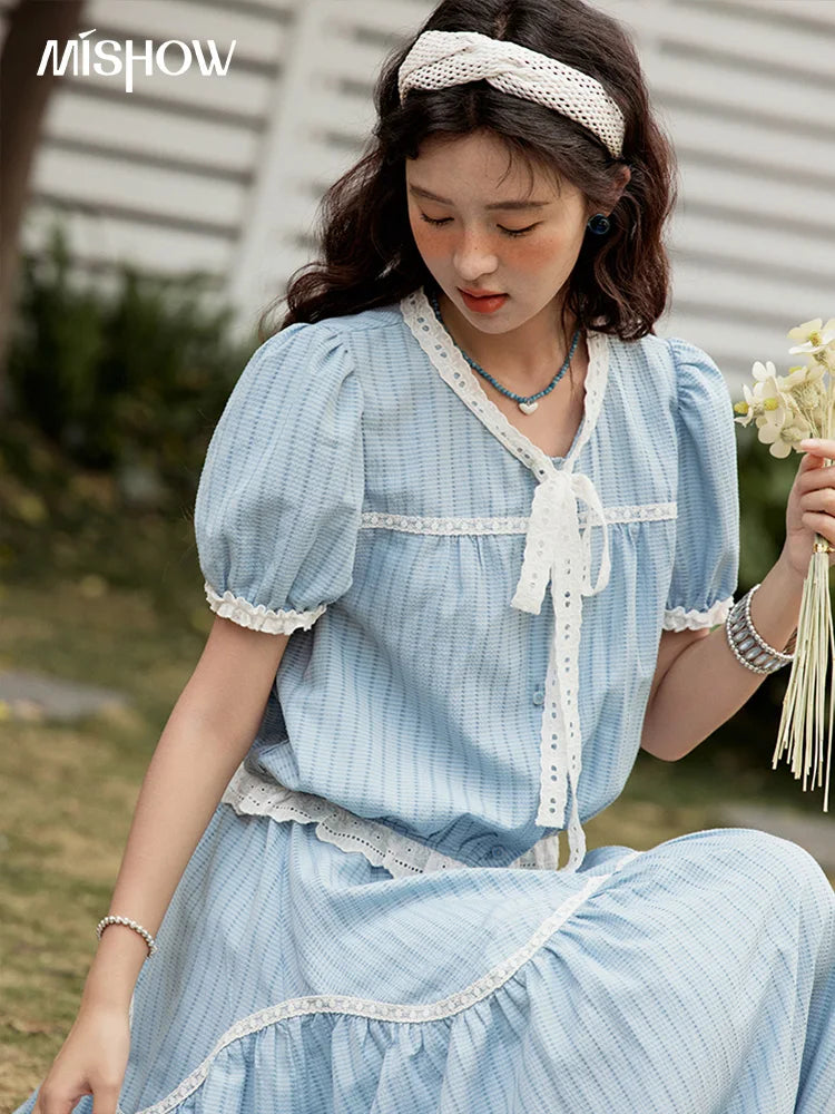 MISHOW Elegant Summer Skirts Sets Women 2025 Short Sleeve V-neck Tops Blue Stripe Lace A-line Skirt Woman Slimming MXE31T0531