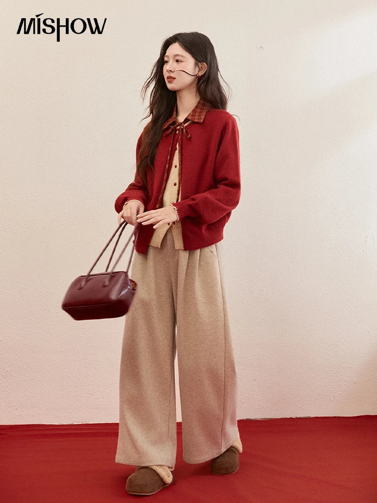 MISHOW Color Block Contrast Fake Two-Piece Cardigan Women Winter Removable Plaid Collar Tie Thickened Knitted Sweater MXE93Z2816