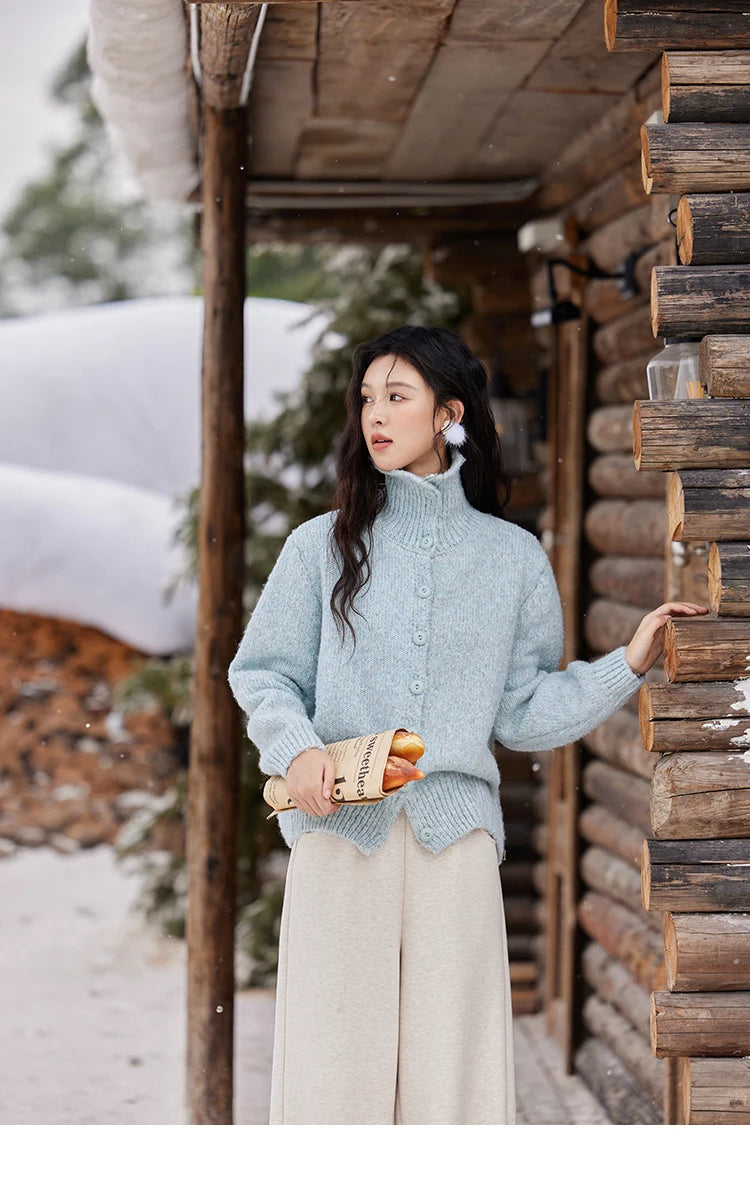 MISHOW Turn Down Collar Wool Blend Sweater Women Solid Single-breasted Tops Thickened Warm Versatile Knitted Cardigan MXD59Z1136