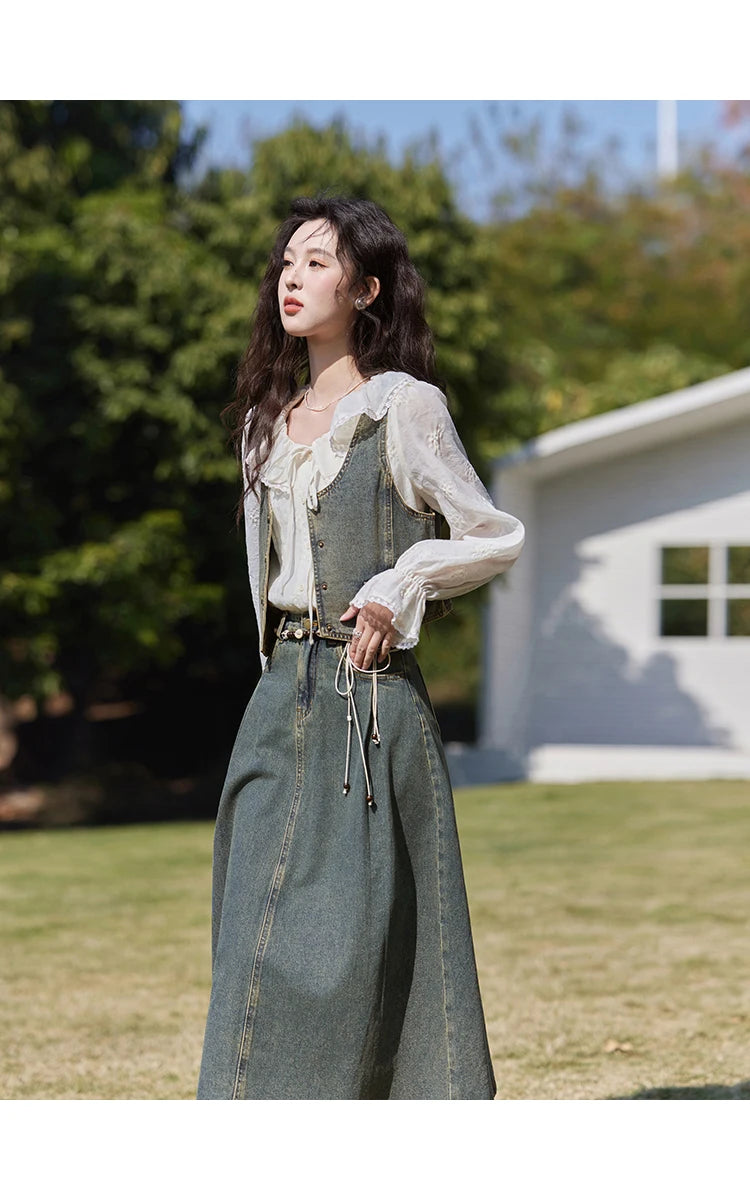 MISHOW Denim Vest Coat Midi Skirt Separately for Women Spring 2025 Korean Retro Washed Cotton Coat Slim A-line Skirt MXE13W0731