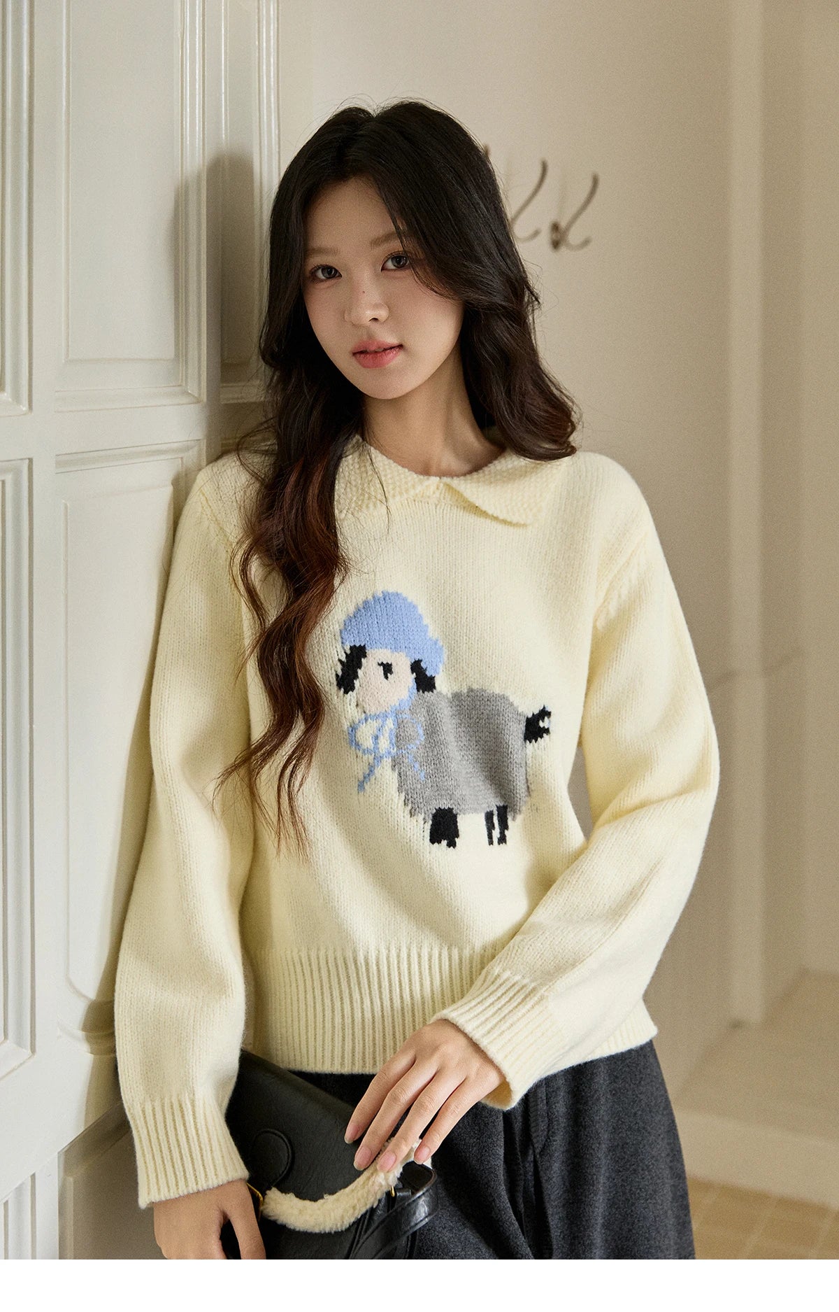 MISHOW Women's Beige White Knitted Sweater 2025 Autumn Winter Round Collar Sheep Pattern Loose Warm Pullover Sweaters MXE94Z2962
