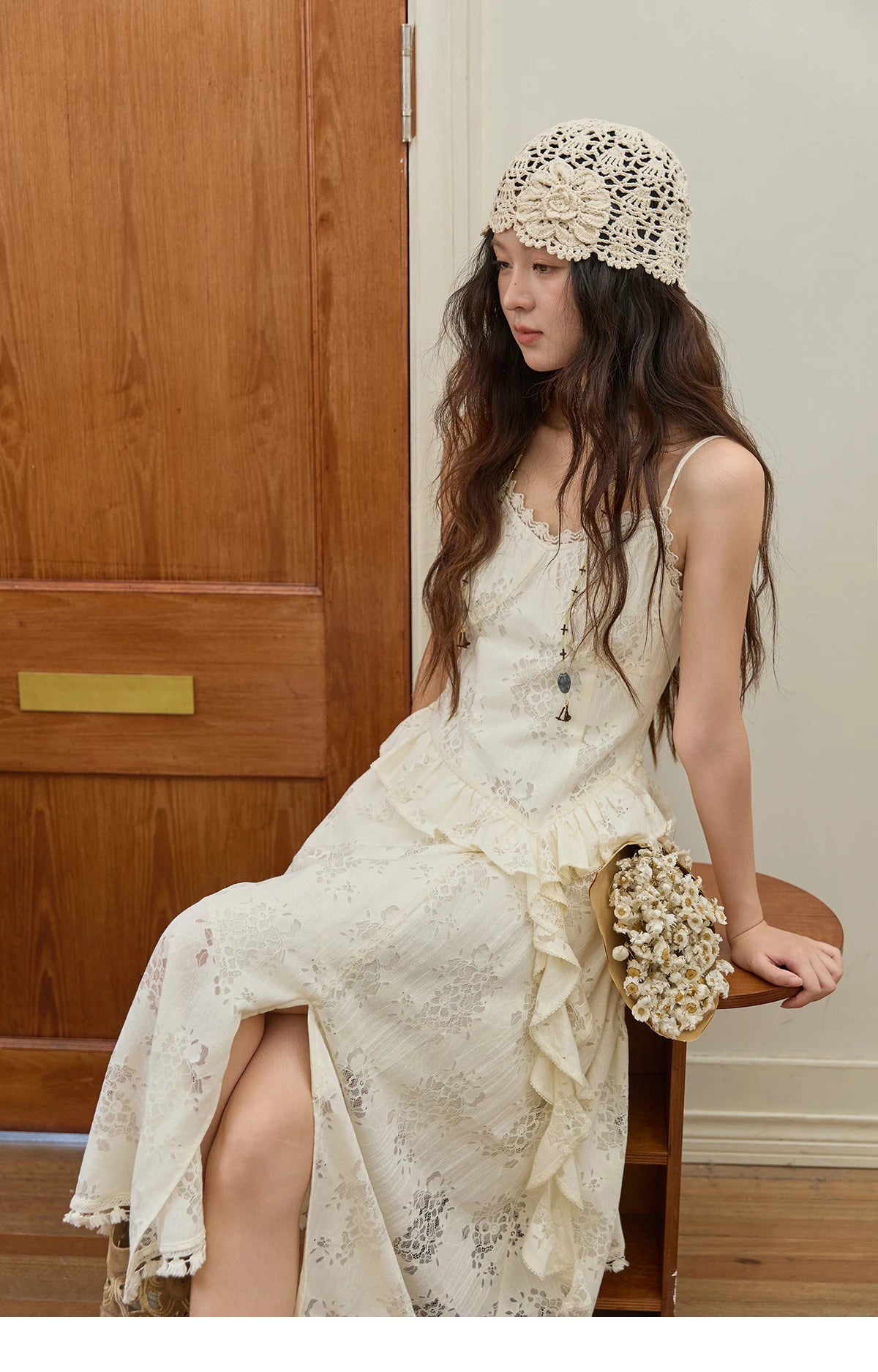 MISHOW Bohemian Apricot Lace Camisole Inner Dress Autumn Irregular Ruffle Tassel Hem Dresses Front Side Fork Dress MXE43L2449