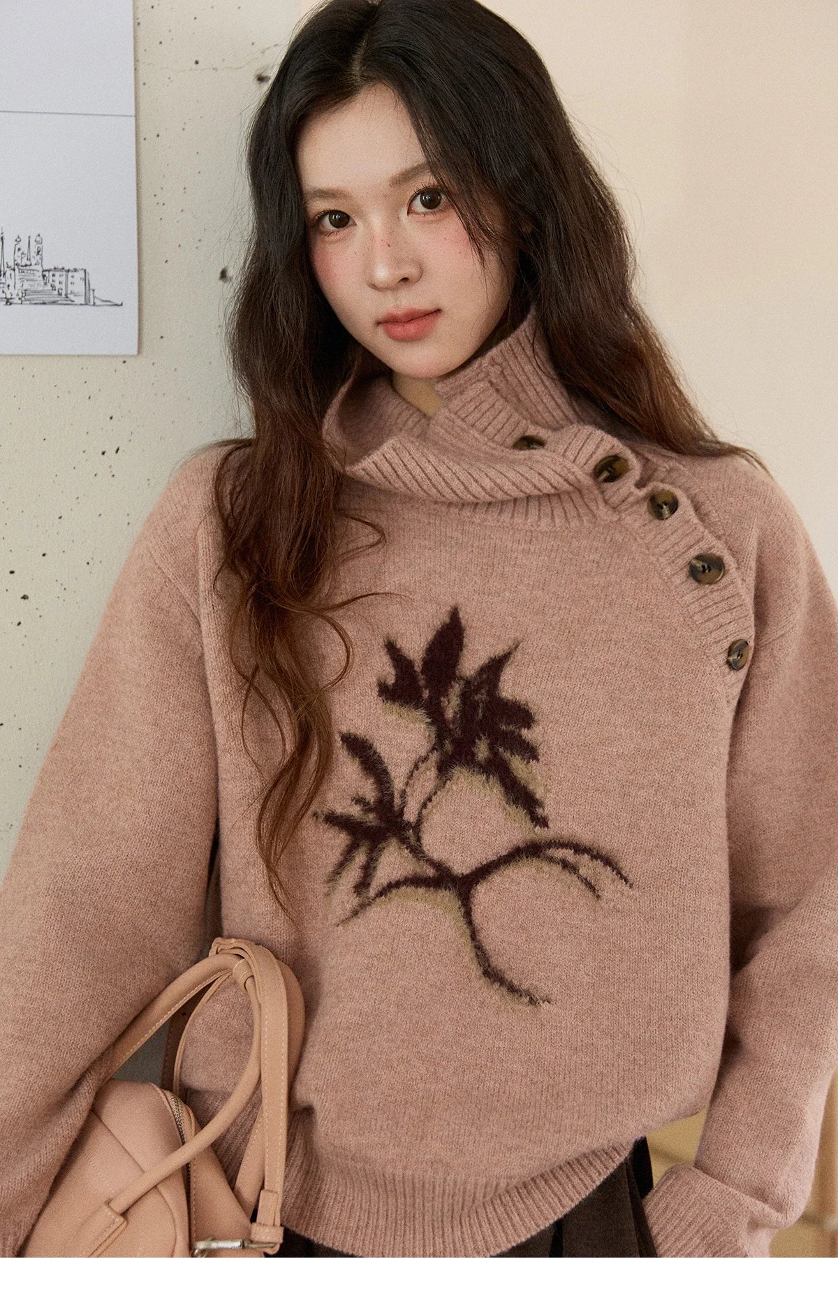 MISHOW Plant Jacquard Sweater for Woman 2025 Winter French Style Casual Turtleneck Design Knitted Pullover Tops Woman MXE86Z2658