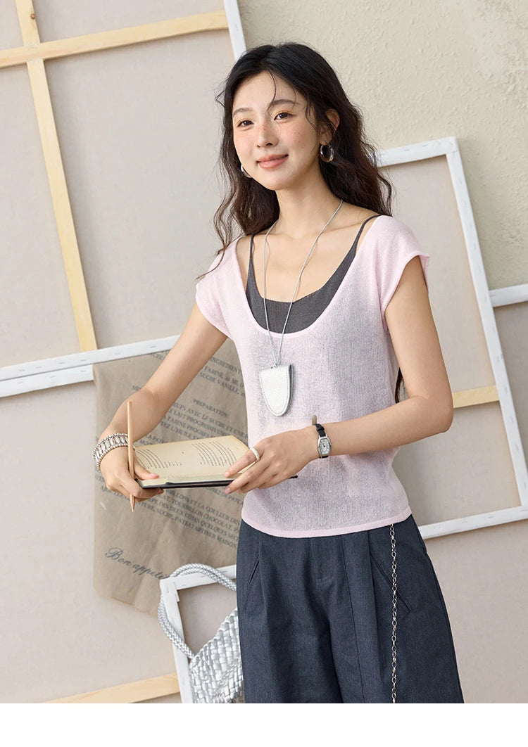 MISHOW Women's Linen Short Sleeve T-shirt 2025 Summer Contrast Color Fake Two-piece Knitted Top Thin Cool Casual Tees MXE36Z1277