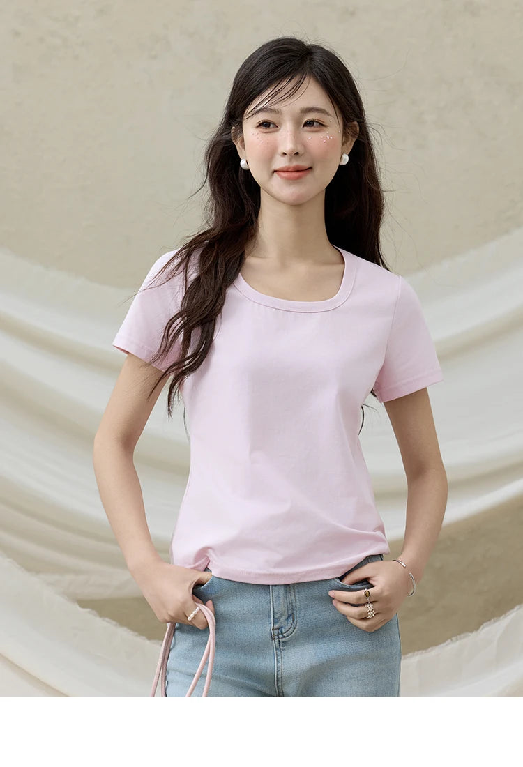 MISHOW Solid Casual T-shirts Women Summer 2025 New Square Neck Short Sleeve Shirt Female Fashion Straight Tops Woman MXE15T0483