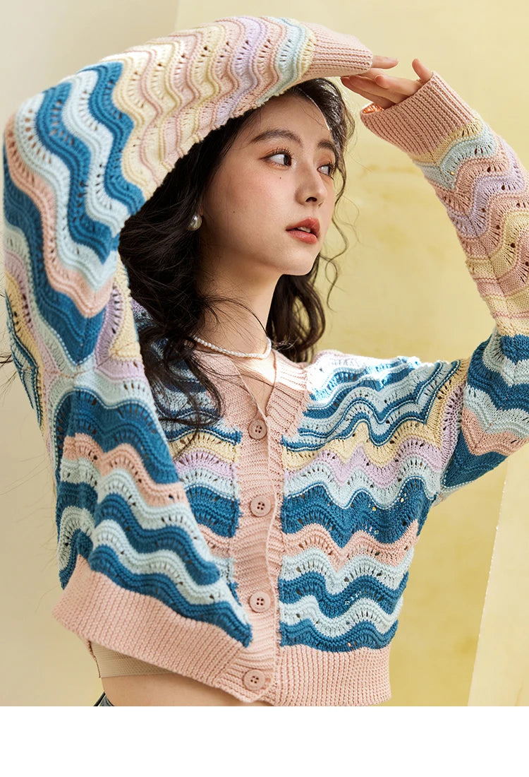 MISHOW Color Stripe Knitted Cardigan Women 2025 Spring V-neck Long Sleeve Loose Cardigans Woman Fashion Office Lady MXE16Z1203