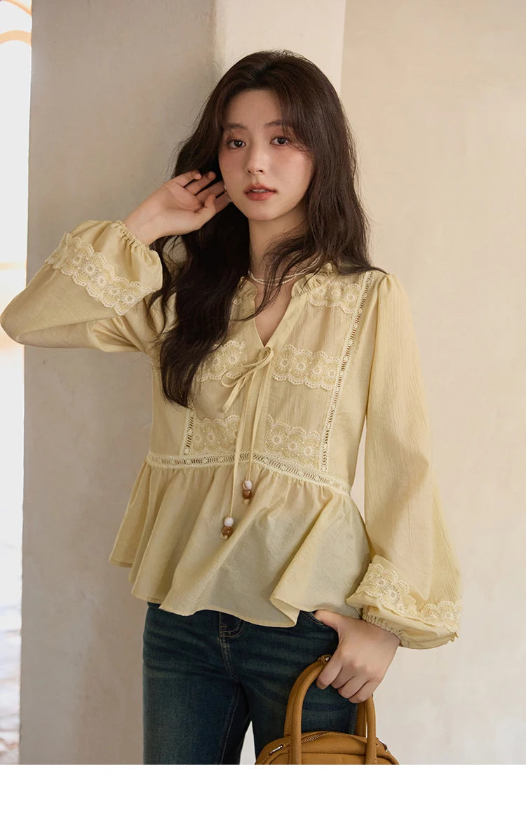MISHOW French Thin V-neck Blouse 2025 Autumn Lace Patchwork Elastic Cuffs Top Bead Drawstring Lantern Sleeves Blouses MXE41X1925