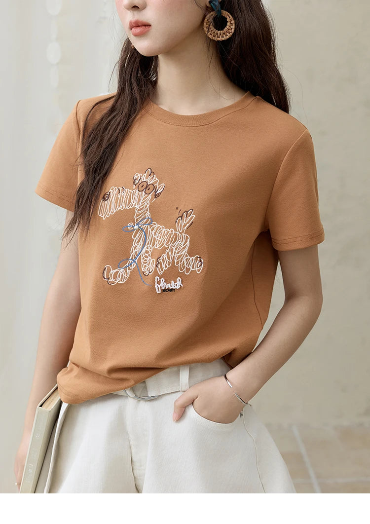 MISHOW Print Women‘s Summer T-shirts 2025 Short Sleeve Round Neck Loose Design Shirt Female Slim Embroidery Tops Lady MXE31T0550
