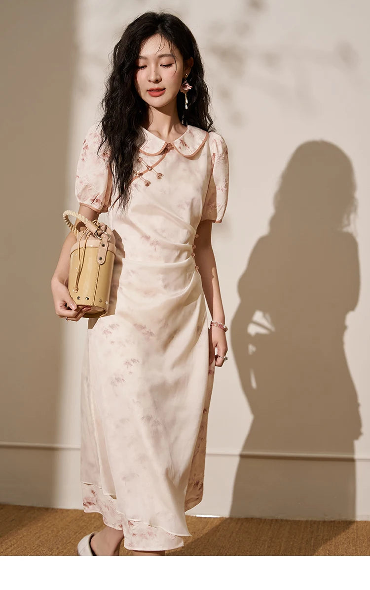 MISHOW Chinese Doll Collar Dresses 2024 Summer Improved Cheongsam Waist Pink Bamboo Printing Splicing Mesh Midi Dress MXD22L1829