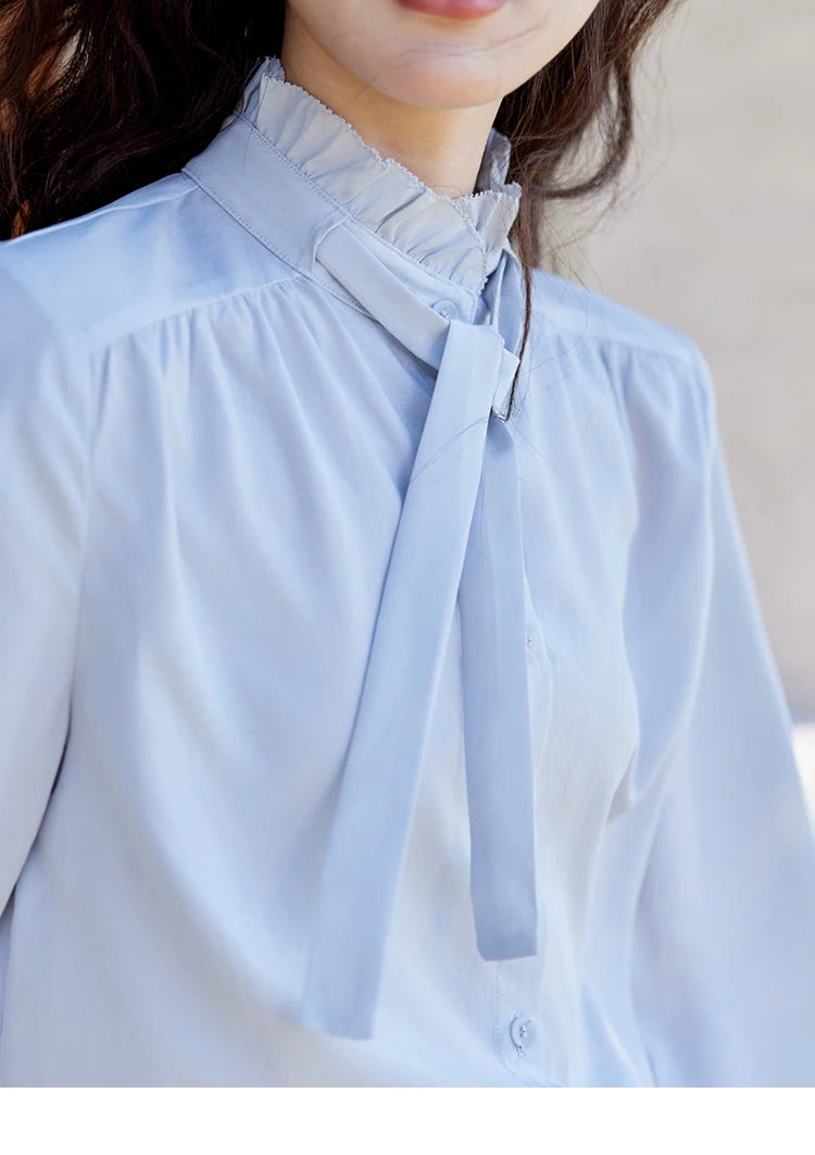 MISHOW French Ribbon Stringy Selvedge Neck Shirt for Women Spring 2025 Slim 100 Lyocell Shirts Solid Commuter Tops MXE13C0383
