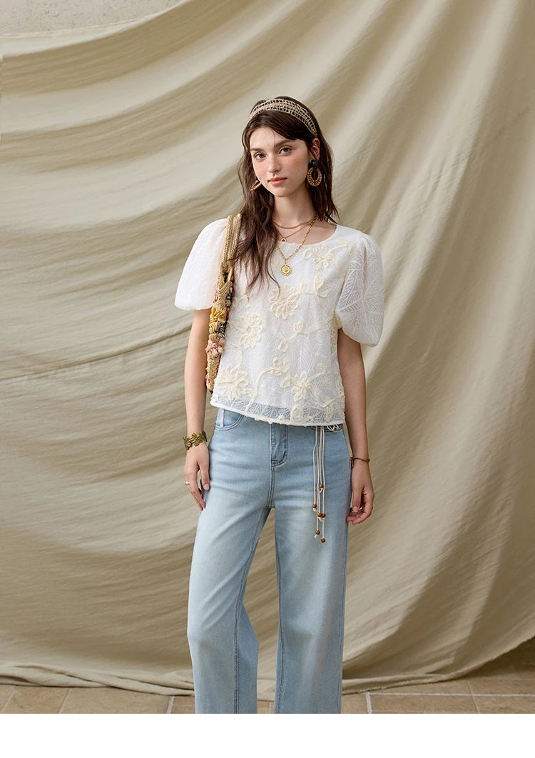 MISHOW French Summer Blouses Women New 2025 Short Puff Sleeve Round Neck Jacquard Flower Slim Shirts Woman Versatile MXE32X1772