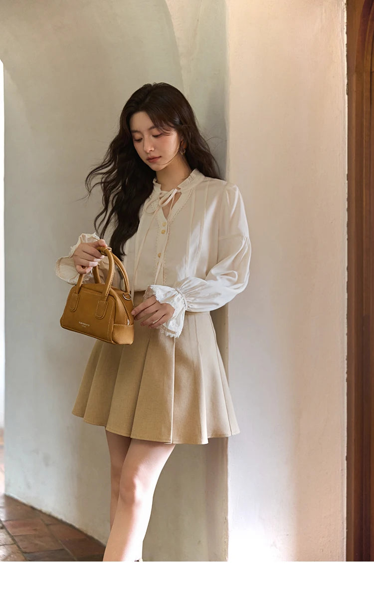 MISHOW French 100% Lyocell Apricot Shirt 2025 Autumn Flared Sleeves Lace Edges Shirts V-neck Slim Top Office Lady MXE41C2351