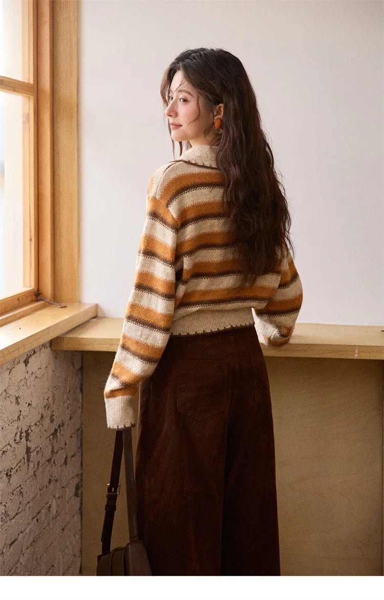 MISHOW Striped Cardigan for Women 2025 Winter Retro Unique Design V-neck Single-breasted Sweater Wool Long Sleeve Top MXE87Z2681