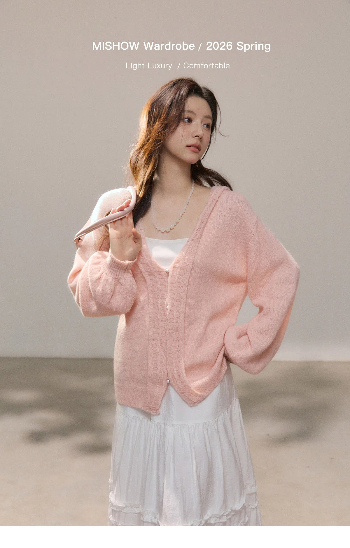 MISHOW Women's Pink Sweet Knit Cardigan 2026 Spring V-Neck Ruffled Trim Pearl Button Cardigans Loose Knitted Sweater MXF108Z1028