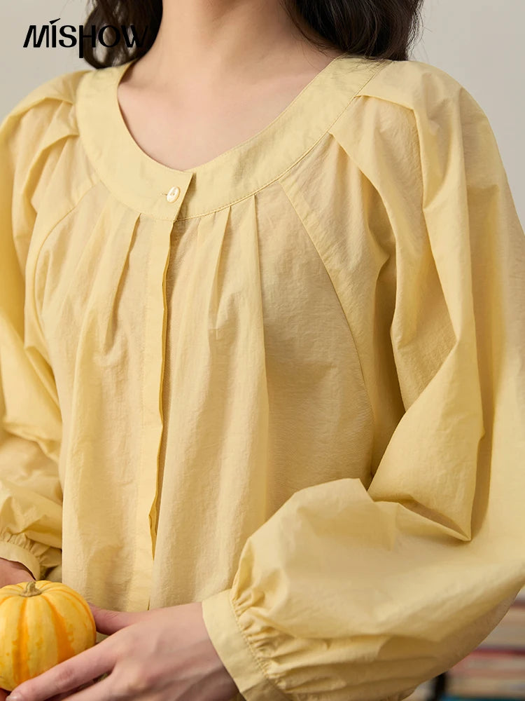 MISHOW Light Yellow Pleated Shirt 2025 Autumn Drawstring Hem Lantern Sleeve Top O-neck Cotton Blend Casual Shirts MXE45X2490