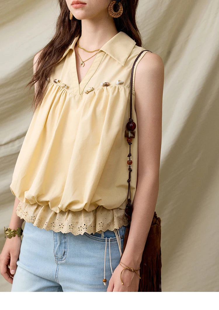 MISHOW Office Lady New Blouse Women Summer New Sleeveless Turn-down Collar Hollow Lace Shirts Female Slimming Fashion MXE31X1760