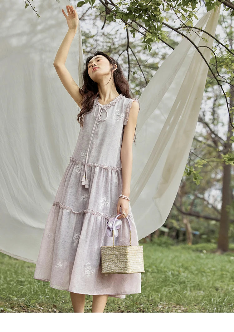 MISHOW Summer Embroidered Dress for Women 2025 New Round Neck Ruffled Sleeveless A-line Midi Dresses Female Fashion MXE33L2231