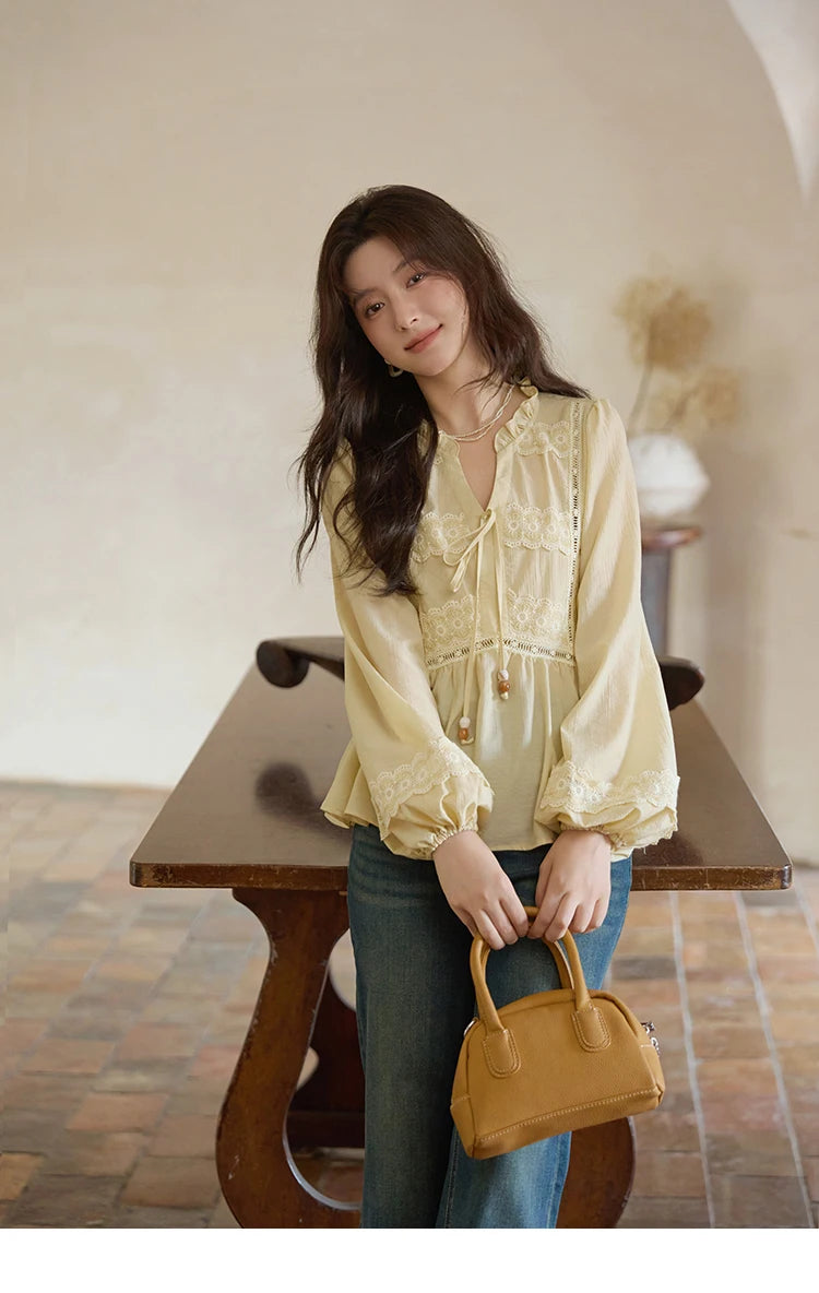 MISHOW French Thin V-neck Blouse 2025 Autumn Lace Patchwork Elastic Cuffs Top Bead Drawstring Lantern Sleeves Blouses MXE41X1925