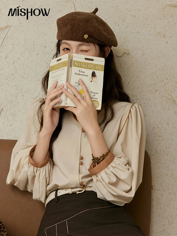 MISHOW French Retro Contrasting V-neck Shirt 2024 Autumn Solid Lantern Sleeve Top Single Row Two Buttons Casual Shirt MXD26X1597