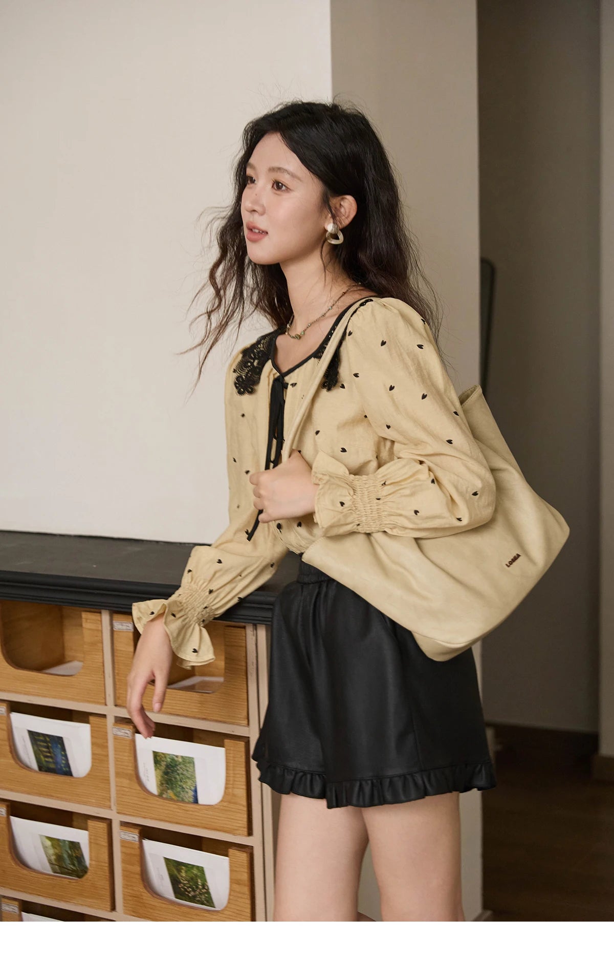 MISHOW Women's Yellow Heart Printed Shirt Autumn Lace Hollowed Out Collar Bubble Sleeve Top Lace-up Commuter Shirts MXE41X1949