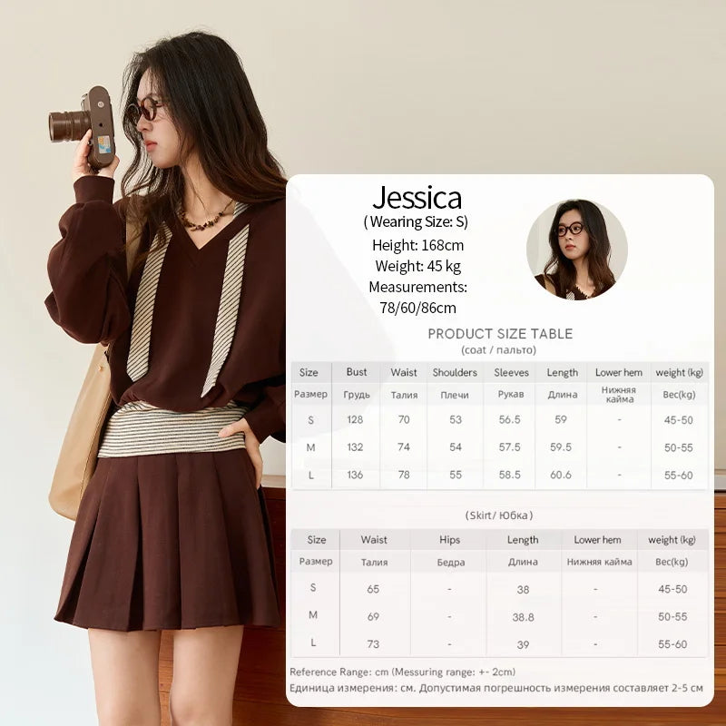 MISHOW Woman Suits 2025 Autumn Retro Brown V-Neck Sweatshirt Pleated Skirt Suit Striped Waist Belt Casual Two-piece MXE47T1415