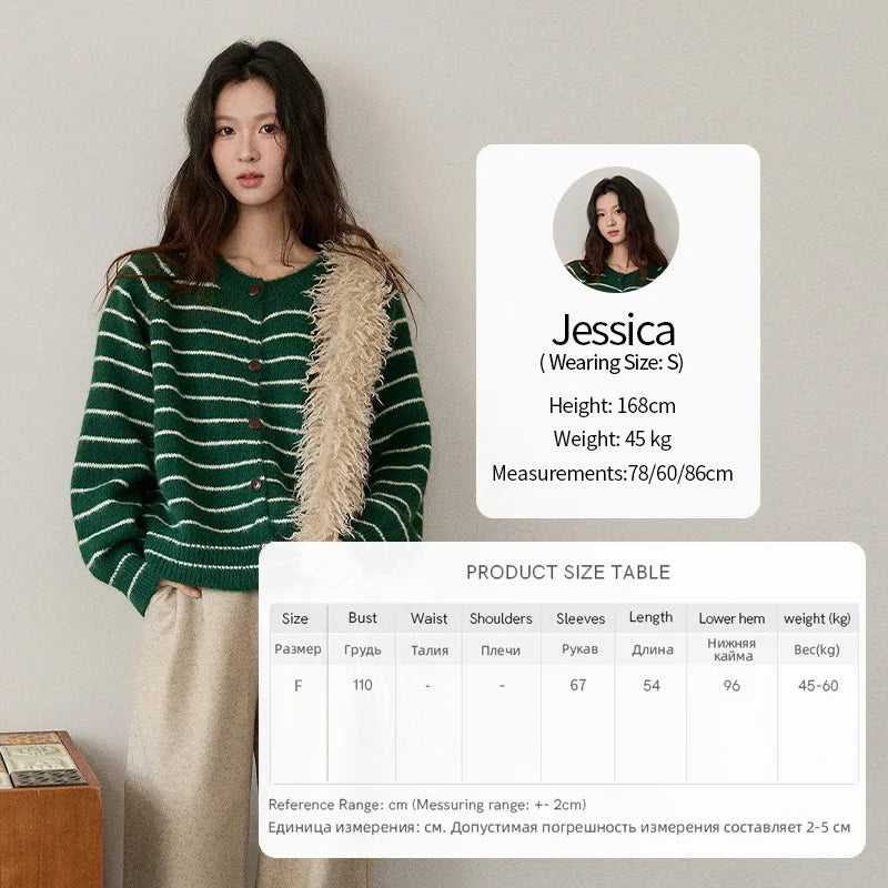 MISHOW Green Striped Cardigans for Woman 2025 Winter Knitted Cardigan Wool Blend Loose Retro Crew Neck Knit Sweater MXE86Z2735