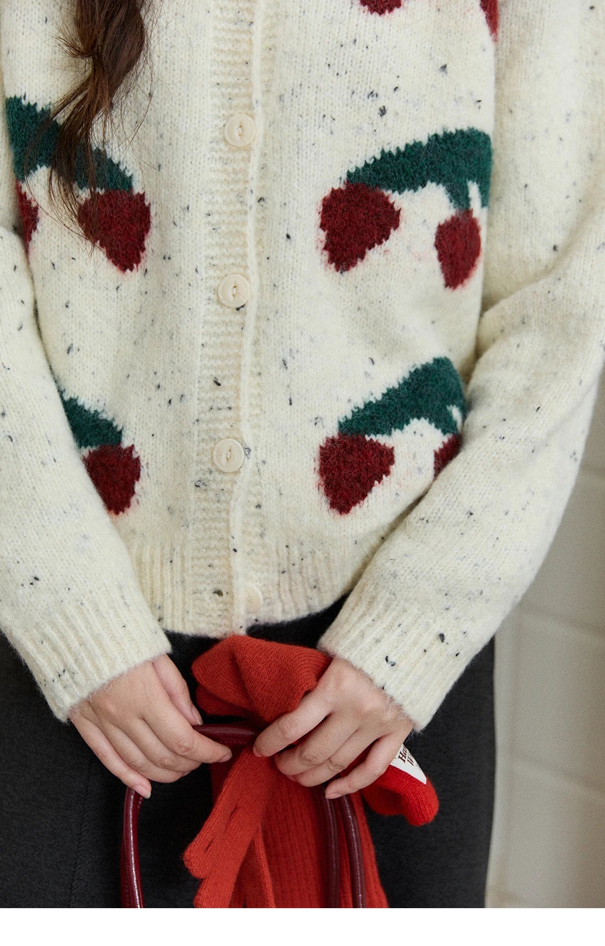 MISHOW Women's Cherry Jacquard Flecked Cardigan 2025 Autumn Winter Korean Drop Shoulder Tops Loose Crew Neck Knitwear MXE91Z2837