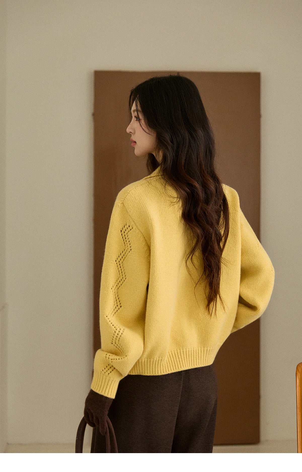 MISHOW Women's Hollow Pattern Knitted Cardigan 2025 Winter Yellow Lapel Single Breasted Sweater Loose Pullover Tops MXE94Z2961