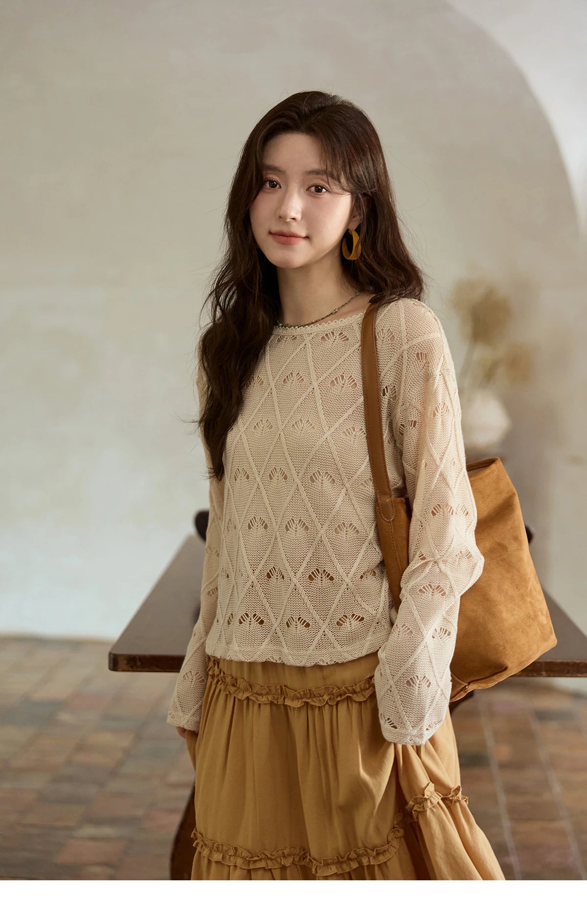 MISHOW Women's Diamond Patterned Knitted Top 2025 Autumn Bohemian Hollowed Out Thin Top Scoop Neck Knitted Sweaters MXE42Z1332