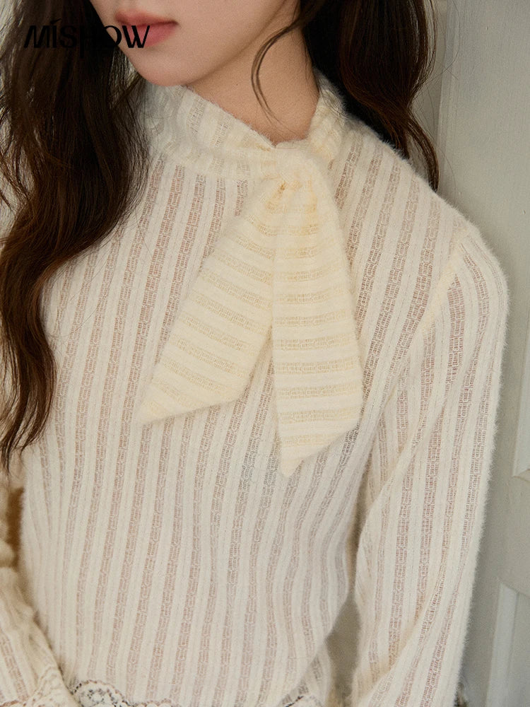 MISHOW French Lace-up Bottom Tops Women Autumn Winter 2025 Korean Vertical Stripe Knitted Top Thickened Interior Tops MXE92Z2797