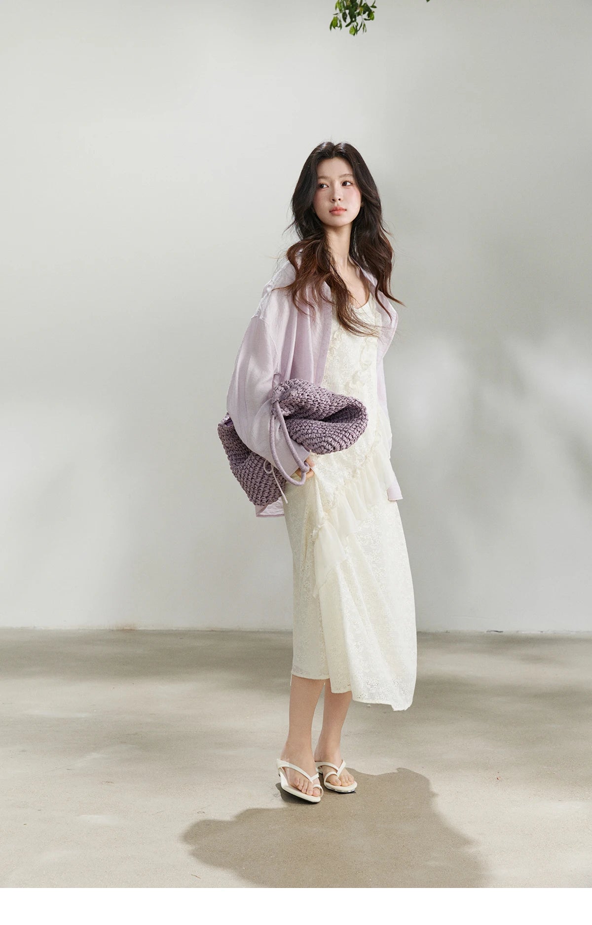 MISHOW Women's Cream Irregular Lace Slip Dress 2026 Spring V-Neck Ruffled Maxi Dresses Casual A-line Romantic Dress MXF108L1005