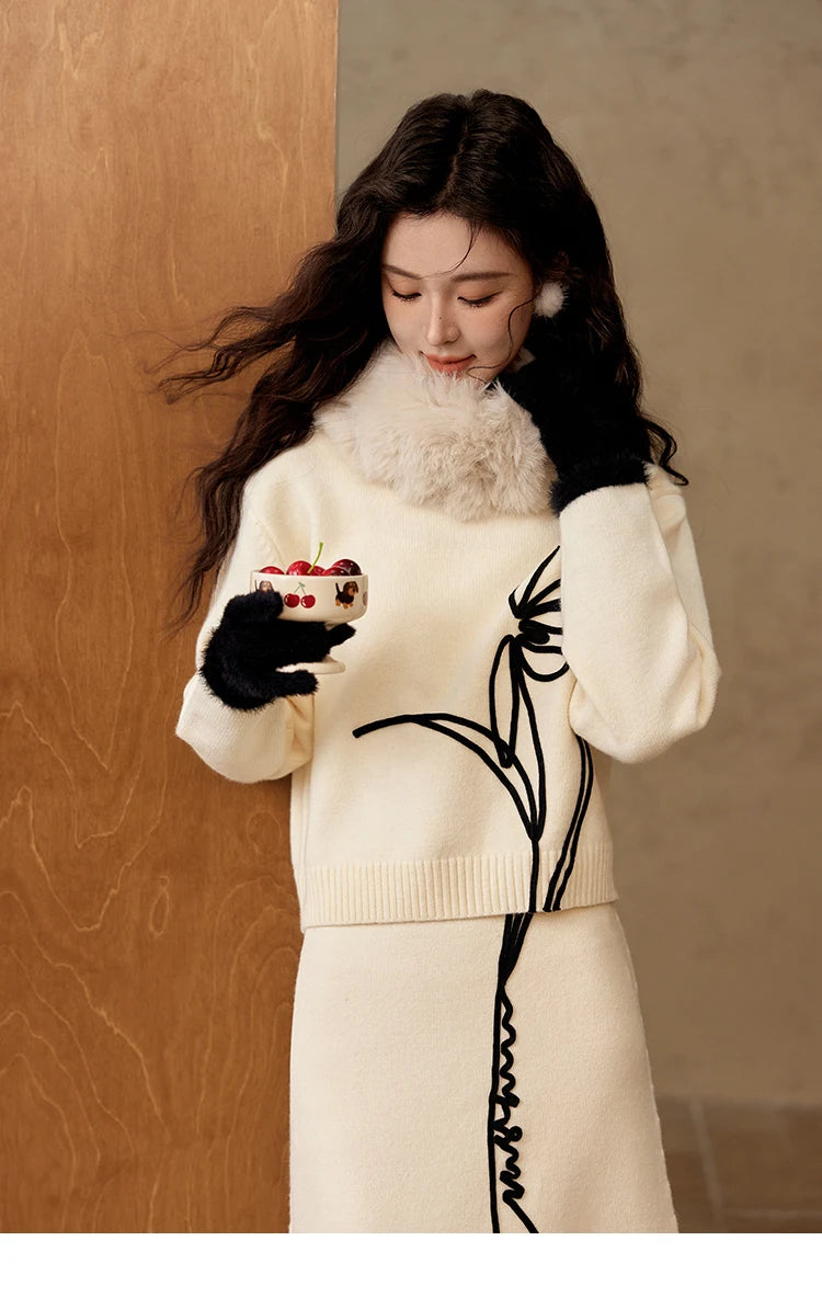 MISHOW French Skirt Sets Embroidery Spliced Contrast Color Two Piece Sets Women High Waist Midi Skirt Knitted Tops MXD57T0463