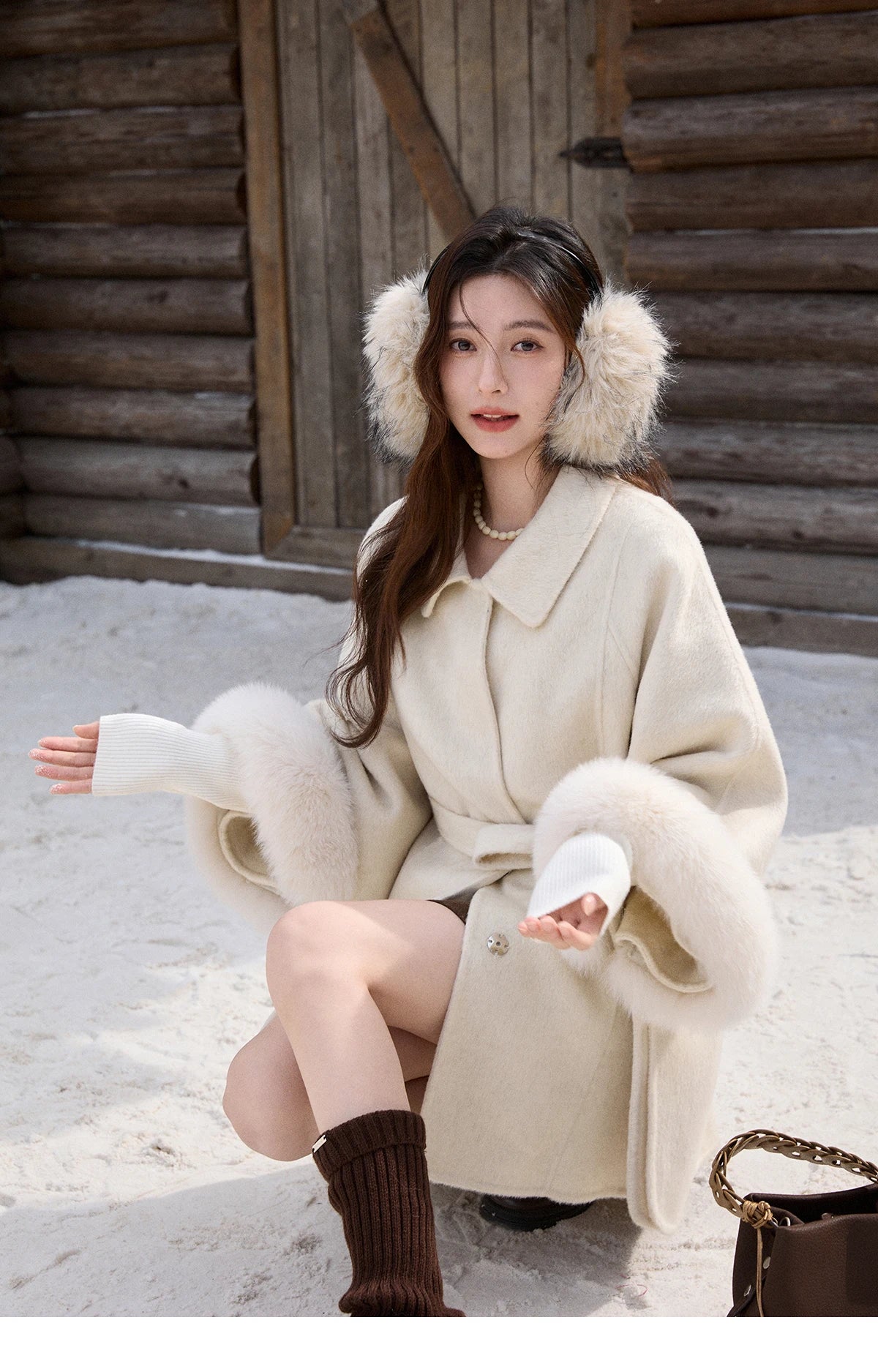 MISHOW 100% Wool Cape Double-sided Woolen Coat 2025 Winter Elegant Detachable Furry Cuffs Warm Lapel Ponchos Coats MXE90W0947